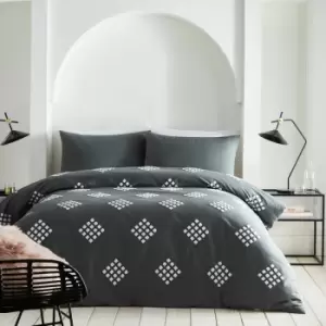 Image of Boutique Diamond Tuft Embellished 100% Cotton Duvet Cover Set, Slate/White, Double - Appletree