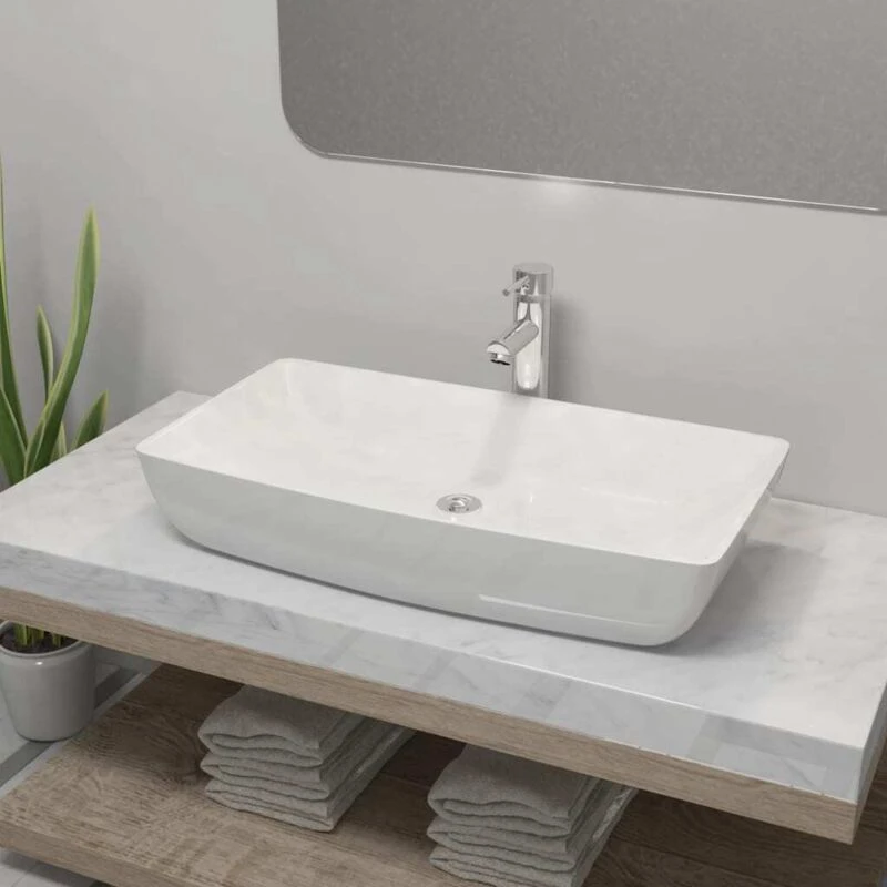 Image of VIDAXL Bathroom Basin with Mixer Tap Ceramic Rectangular White vidaXL 8718475716334