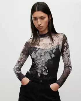 Image of AllSaints Elia Venetia Mesh Floral Print Bodysuit