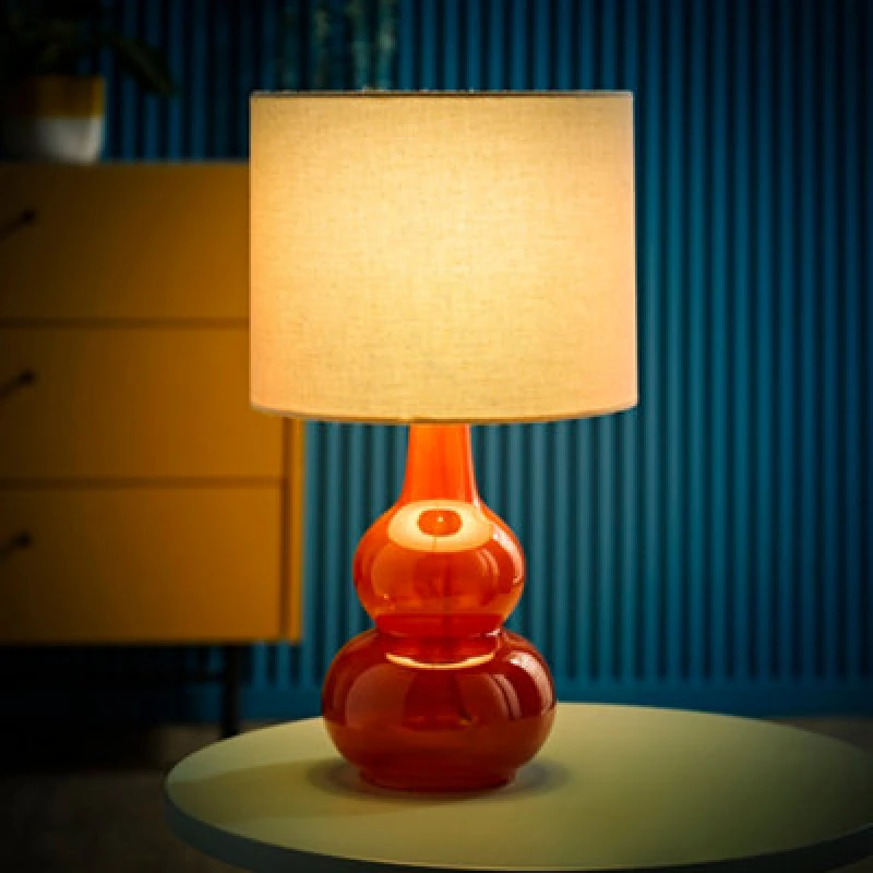 Image of ValueLights ValueLights Maguire Natural Linen Shade Burnt Orange Glass Table Lamp and Bulb Burnt Orange One Size Unisex 5059406067617