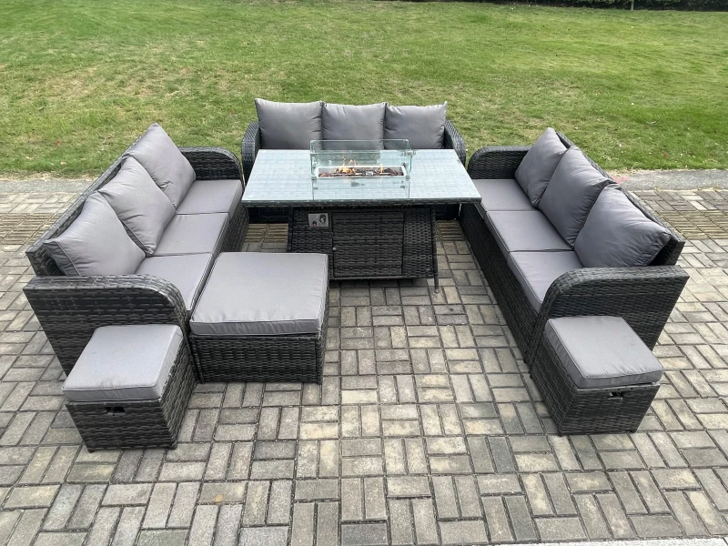 Image of Fimous Outdoor Rattan Furniture Garden Dining Set Gas Fire Pit Table With Lounge Sofa 3 Footstool Dark Grey