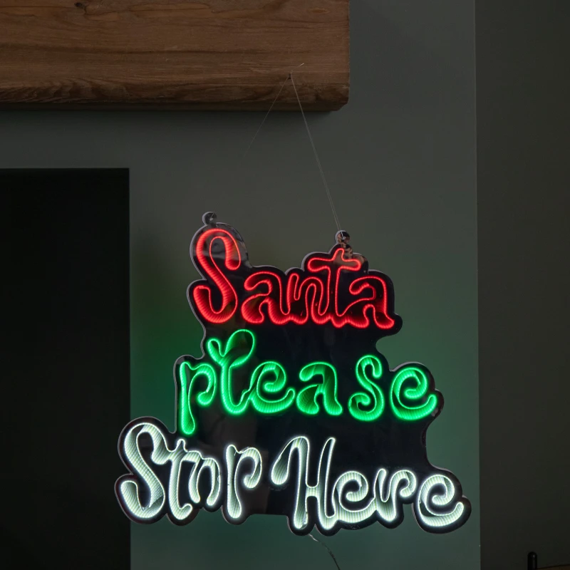 Image of 40cm Light up Hanging Santa Stop Here Christmas Infinity Mirror Light with Multi-Coloured LEDs
