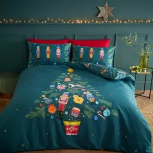 Image of Catherine Lansfield Christmas Nutcracker Reversible Green Duvet Cover & Pillowcase Set Green