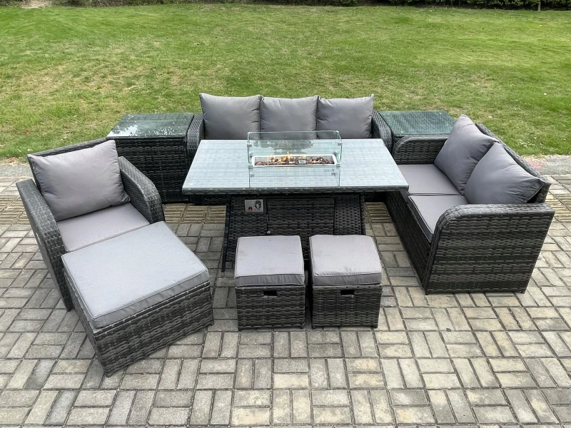 Image of Fimous Garden Patio Furniture Wicker Rattan Gas Fire Pit Table and Sofa Chair set with 2 Side Tables 3 Footstool Dark Grey