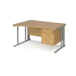 Image of Office Desk Left Hand Wave Desk 1400mm With Pedestal Oak Top With Silver Frame Maestro 25 MCM14WLP3SO