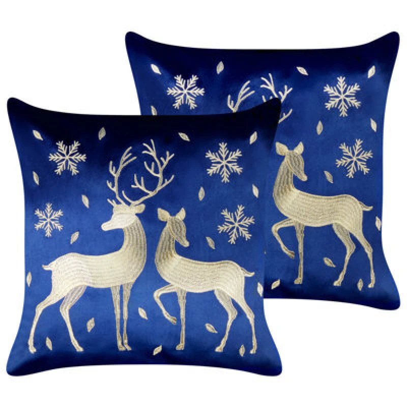 Image of Beliani Set Of 2 Decorative Cushions Meringue Velvet 45 X 45cm Dark Blue Christmas Motif