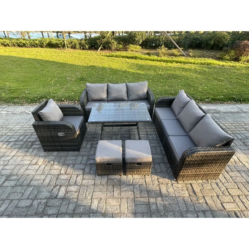 Image of Fimous Outdoor Lounge Sofa Set Wicker PE Rattan Garden Furniture Set with Rectangular Dining Table Reclining Chair 2 Small Footstools Dark Grey