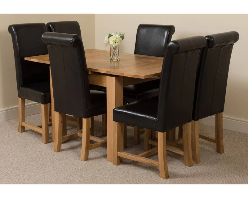 Image of Thats Furniture Richmond 90-150cm Oak Extending Dining Table + 6 Washington Leather Chairs in Black Unisex