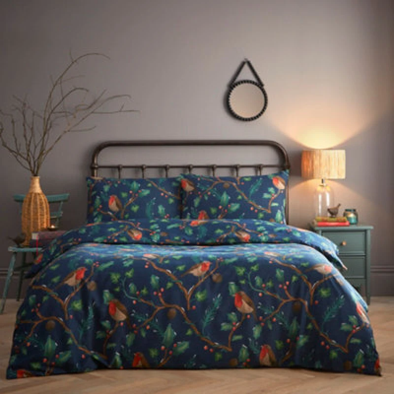 Image of Portfolio Home Dalby Robins Holly Soft Easy Care Bed Linen Bedding Duvet Cover Quilt Set With Pillow Cases