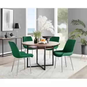 Image of Furniture Box Adley Brown Wood Storage Dining Table and 4 Green Pesaro Silver Chairs