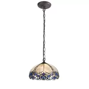 Image of 1 Light Downlight Ceiling Pendant E27 With 30cm Tiffany Shade, Blue, Clear Crystal, Aged Antique Brass - Luminosa Lighting