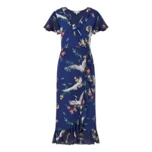 Image of Yumi Navy Frill Crane Wrap Midi Dress - Blue