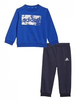 Image of Adidas Infant Unisex Linear Logo Crew & Jog Pant Set, Blue/Navy, Size 9-12 Months