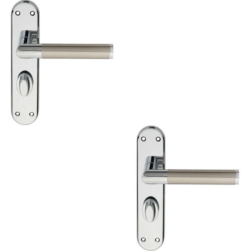 Image of Loops 2x Round Bar Lever on Bathroom Backplate Door Handle 180 x 40mm Chrome & Nickel Metallics