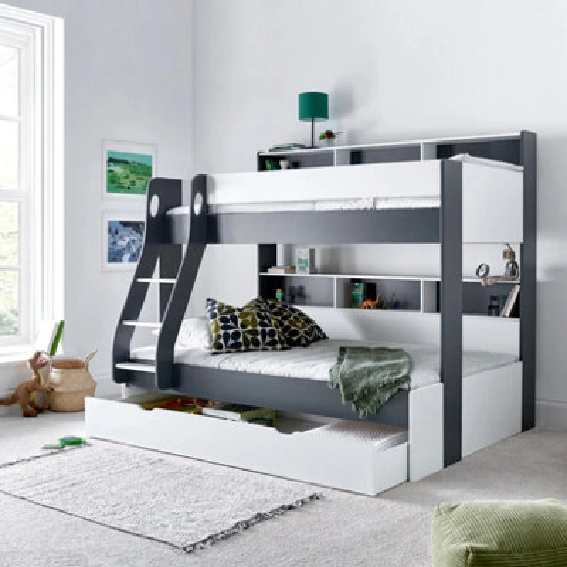 Image of Bedmaster Oliver Grey And White Triple Sleeper Storage Bunk Bed With Drawer With Memory Foam Mattresses