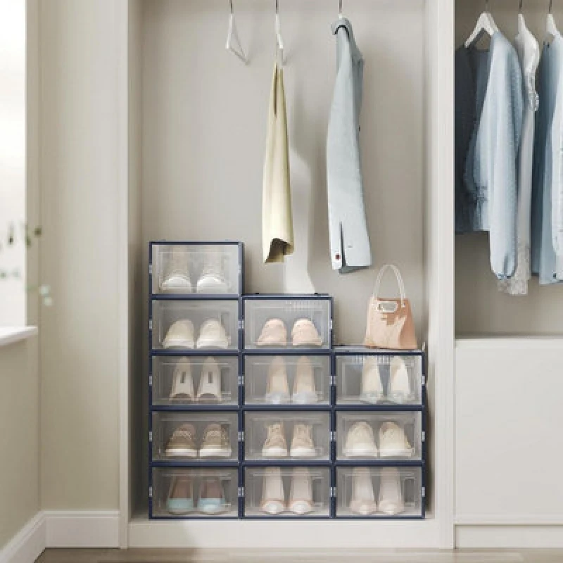 Image of Songmics Set Of 12 Shoe Holders, Stackable Shoe Organizers Boxes, Foldable And Multifunctional, Transparent & Charcoal Blue