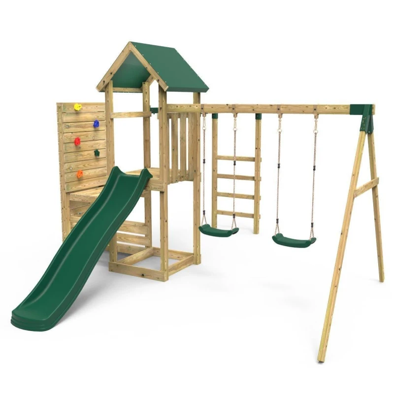 Image of Rebo Wooden Climbing Frame with Swings, Monkey Bars, Climbing Walls and Slide - El Capitan Green Green