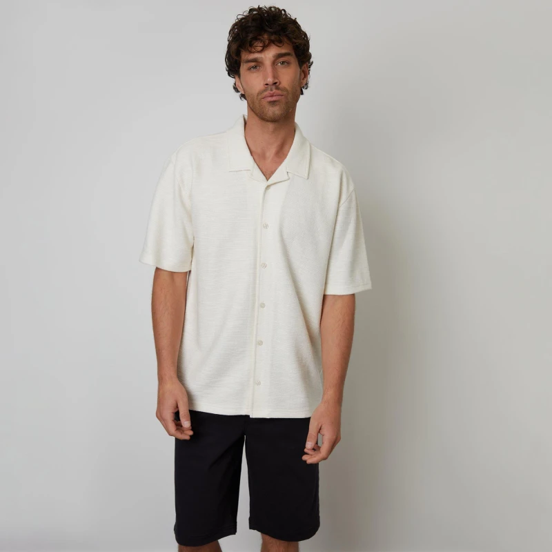 Image of Threadbare Antti Textured Revere Collar Short Sleeve Shirt Natural male XL