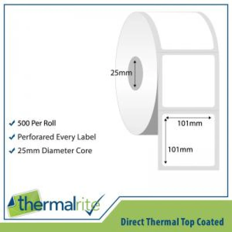 Image of Thermalrite Thermalrite Direct Thermal Labels101x101mm 25mm core (Pack 20 Rolls of 500 Labels per Roll) - RL101.101DT-25 RL101.101DT-25