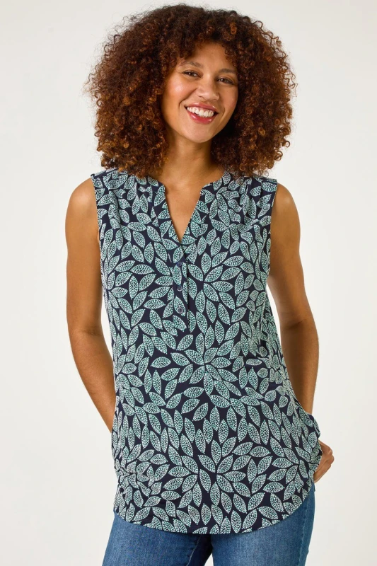 Image of Roman Leaf Puff Print Stretch Top Teal