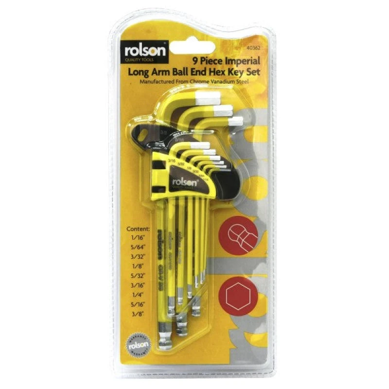 Image of Rolson 9 Piece Imperial Long Arm Ball End Hex Key Set
