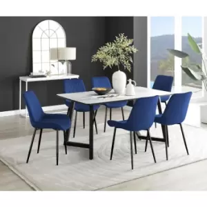 Image of Furniturebox UK - Furniturebox Carson White Marble Effect Rectangular 160cm Dining Table & 6 Navy Pesaro Black Leg Velvet Chairs