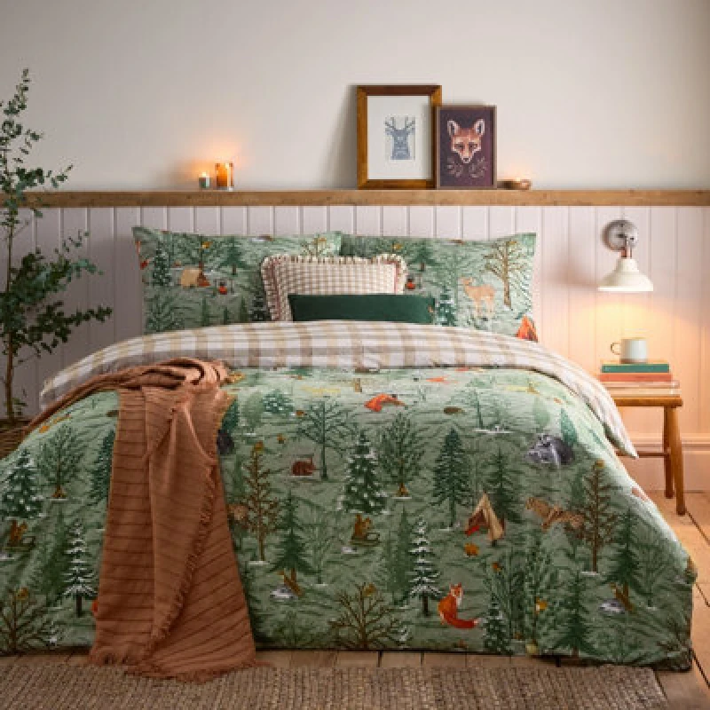 Image of Lodge Wood 100% Brushed Cotton Duvet Cover Set Oak Green, Oak Green / Single