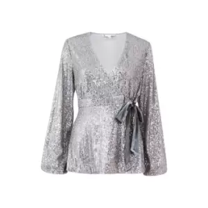 Image of Yumi Silver Sequin Wrap Top - Silver