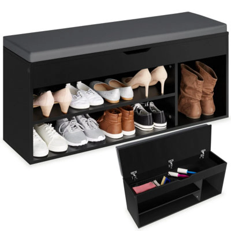 Image of Tectake Shoe Rack Natalya - 4 Storage Spaces, Bench Seat Cushion, For 9 Pairs Of Shoes - 104cm - Black