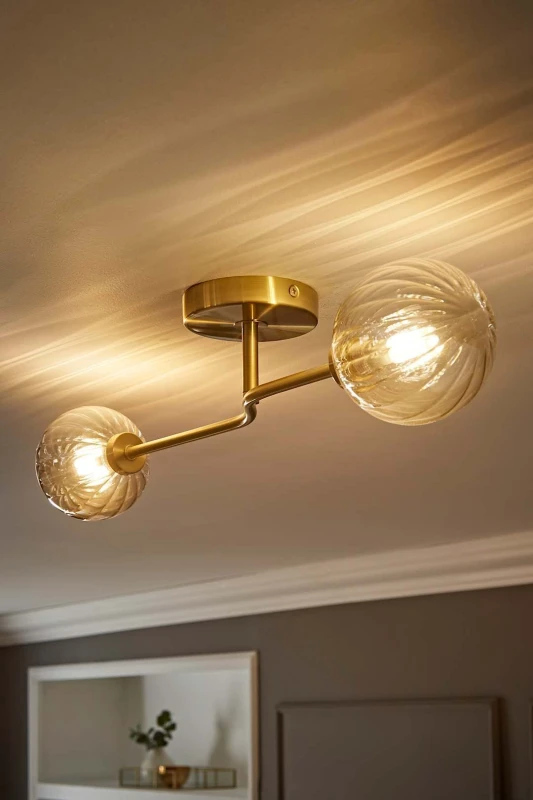 Image of ValueLights Chessy Asymmetric Ribbed Glass Globe Gold Bar Ceiling Light with LED Bulbs Gold