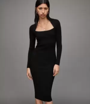 Image of AllSaints Womens Rea Midi Dress, Black, Size: S