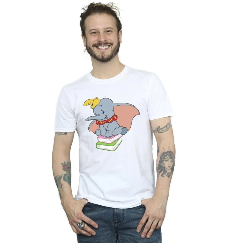 Image of Disney Men Dumbo Sitting On Books T-Shirt in White Size: Small White S Male 5063153512580