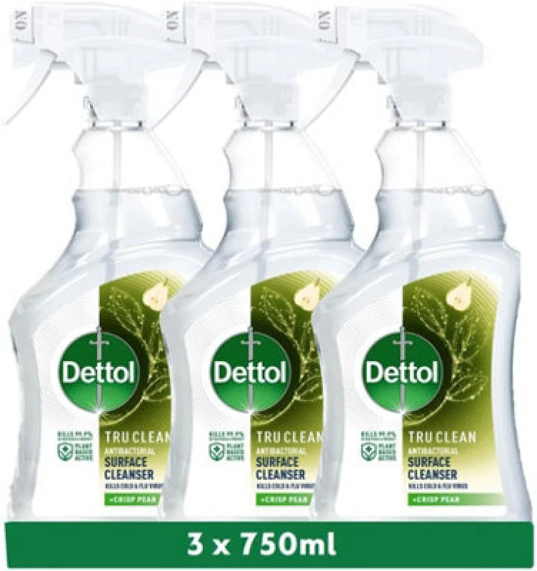Image of Dettol Tru Clean Antibacterial Multipurpose Surface Cleanser Spray, Crisp Pear, Pack Of 3 X 750Ml