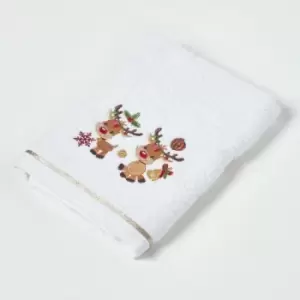 Image of Reindeer Embroidered 100% Cotton Christmas Hand Towel - White & Gold - Homescapes