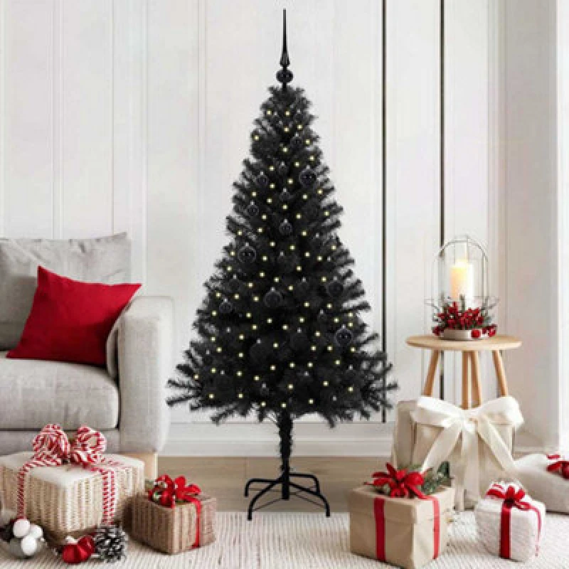 Image of vidaXL Christmas Tree with 150 LEDs, Black Balls with Stand Black 150cm PVC, Black 3396466