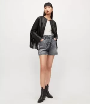 Image of AllSaints Womens Palmer High Rise Paperbag Denim Shorts, Snow Black, Size: 28