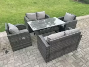 Image of Fimous 6 Seater Outdoor Dark Grey Rattan Lounge Complete Sofa Set with Reclining Chair and Rectangular Dining Table