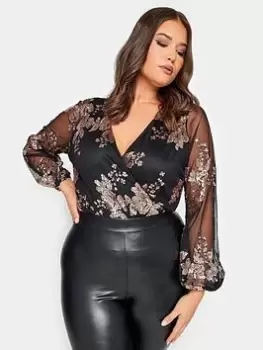 Image of Yours Sequin Floral Wrap Body, Gold, Size 20, Women