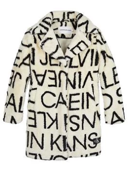 Image of Calvin Klein Jeans Girls Logo Aop Coat - White/Black, White/Grey, Size 12 Years, Women
