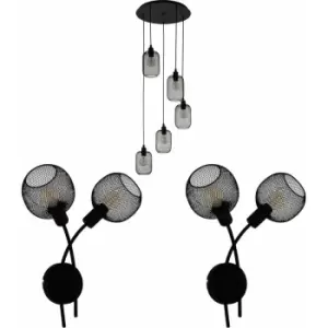 Image of Ceiling Pendant Light & 2x Matching Wall Lights Black Metal Mesh Multi Lamp