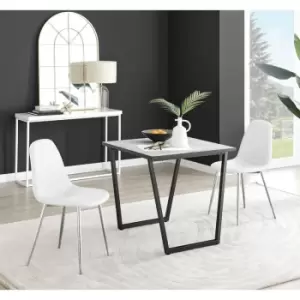 Image of Furniturebox Carson White Marble Effect Square Dining Table & 2 White Corona Faux Leather Dining Chairs with Silver Legs Diamond Stitch