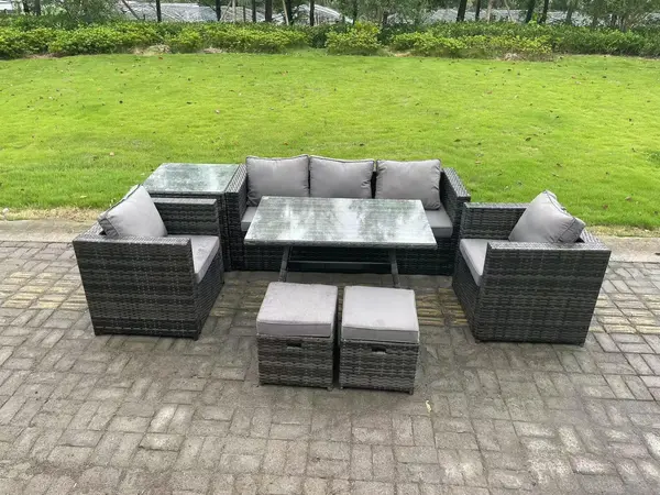 Image of Fimous 5 Seater Outdoor Dark Grey Rattan Lounge Complete Sofa Set with Dining Table and 2 Stools
