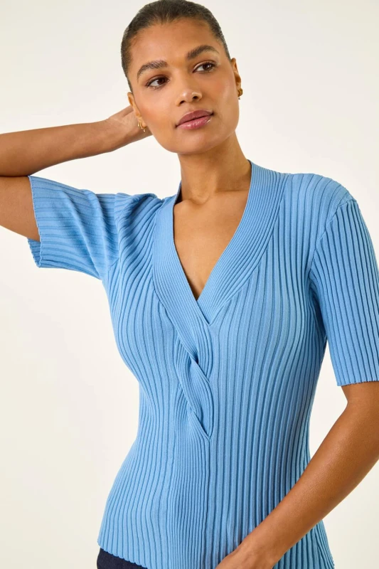 Image of Roman Womens Ribbed V-Neck Cable Knit Jumper in Blue Size: 16 Blue Female 16