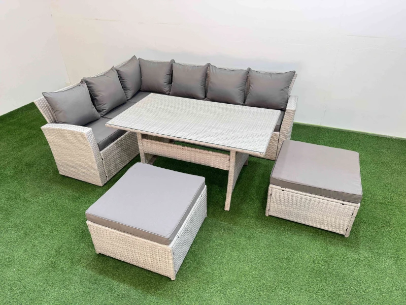 Image of Fimous 8 Seater Rattan Garden Furniture Set with Dining Table Big Footstools in Light Grey Light Grey Unisex