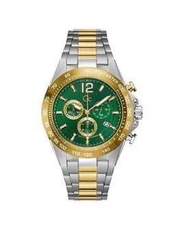 Image of Gc Swiss Movement - Polished & Brushed Silver & Yellow Gold PVD case & bracelet - Green dial - Chrono - &Oslash; 44mm - Sapphire coated mineral glass,