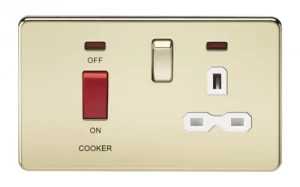 Image of KnightsBridge 45A 2G DP 230V Screwless Polished Brass Electric Switch With Neon and Socket - White Insert