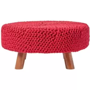 Image of Red Round Cotton Knitted Footstool on Legs - Red - Homescapes