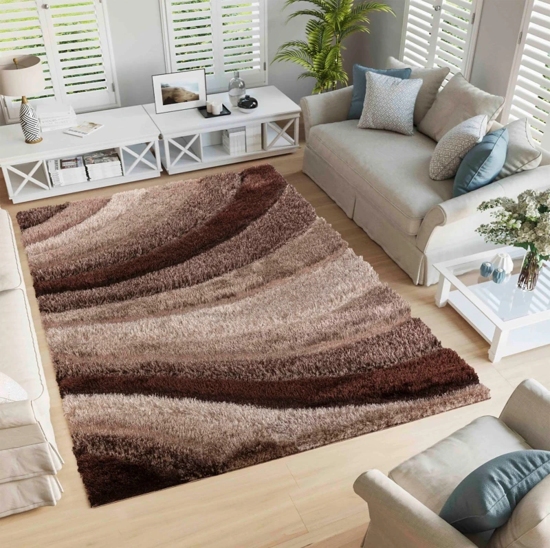 Image of Modern Soft Waves Shimmer Shaggy Area Rugs Bronze 120X170 Cm