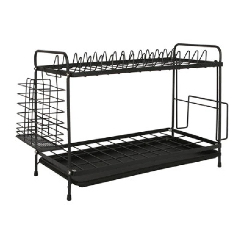 Image of Harbour Housewares Metal Kitchen Dish Drainer Rack 2-Tier Cutlery Holder Bowl Plate Drying Rack With Drip Tray