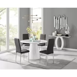Image of Furniturebox Palma White High Gloss 4 Seat Minimalist Post Modern Round Dining Table & 4 Black Milan Chrome Leg Faux Leather Chairs